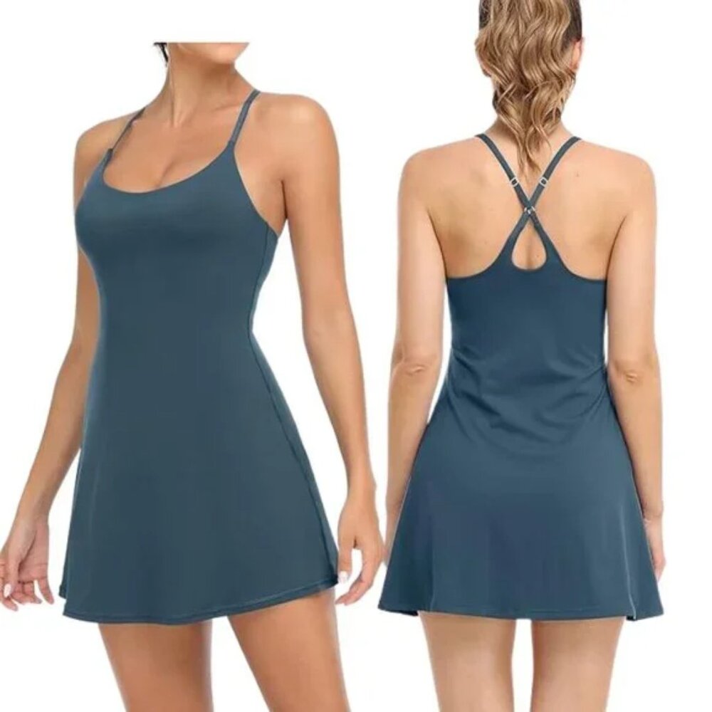Tennis Dress Blue L Pockets Criss-Cross Back